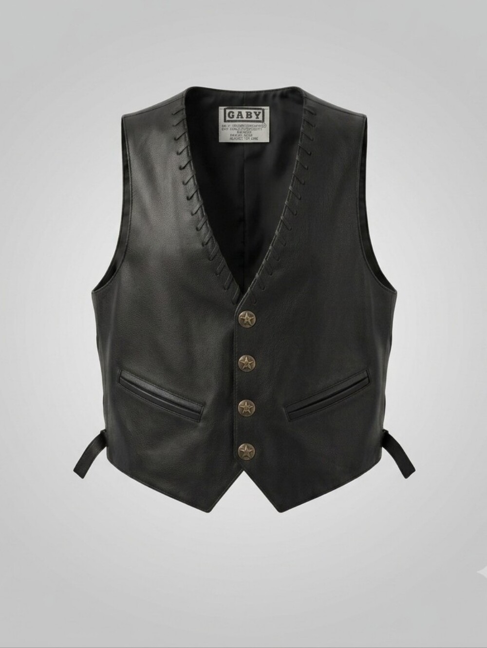 Gaby Black Faux Leather Biker Motorcycle Vest Size Large Star Buttons